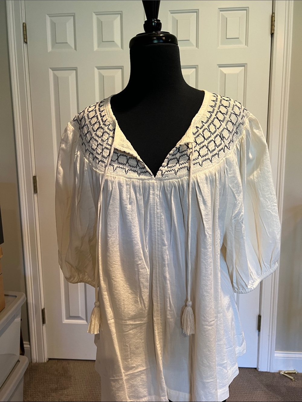 Old Navy Cream Peasant Tunic with Black Embroidery